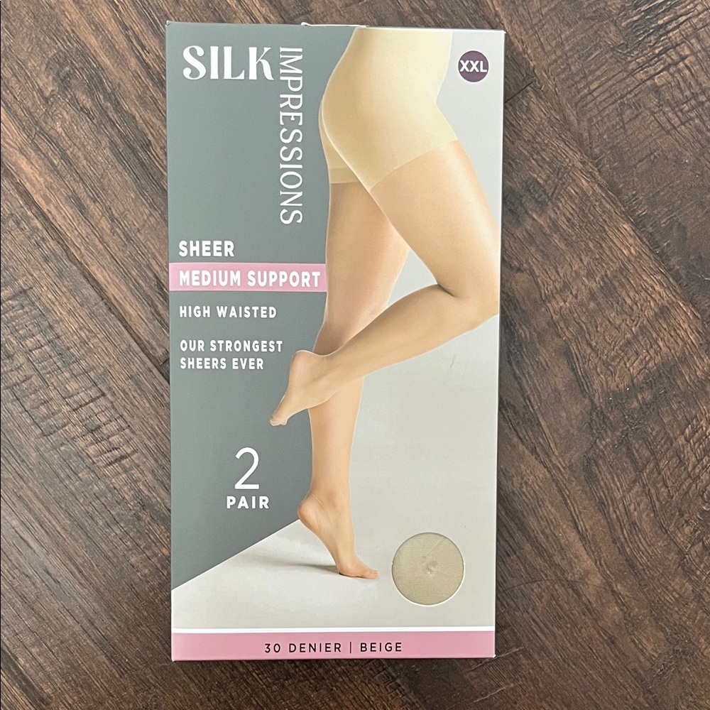 2-Pair Impressions Sheer Medium Support High Waisted 30 Denier Tight Beige XXL
